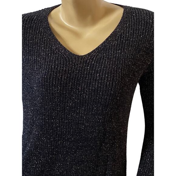 ANA Womens Size XS Black Sparkly Gold Long Sleeve Pullover V Neck Sweater - Picture 6 of 8